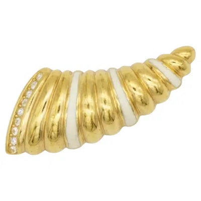 Pre-owned Dior Christian  Vintage 1980s Gold White Enamel Crystals Ribbed Horn Shell Brooch