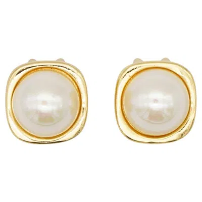 Pre-owned Dior Christian  Vintage 1980s Gold White Round Pearl Square Cube Clip Earrings