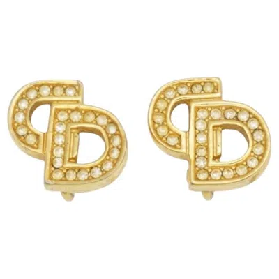 Pre-owned Dior Christian  Vintage 1980s Iconic Gold Crystals Logo Cd Monogram Clip Earrings In Multi