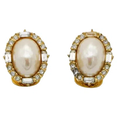 Pre-owned Dior Christian  Vintage 1980s Oval Pearl Crystals Circle Rectangle Gold Earrings In Multi