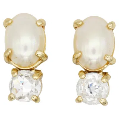 Pre-owned Dior Christian  Vintage 1980s Pearl Crystal White Oval Drop Circle Clip Earrings