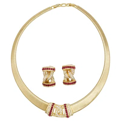 Pre-owned Dior Christian  Vintage 1980s Ruby Crystals Square Omega Interlocked Ribbed 2 Set In Multi
