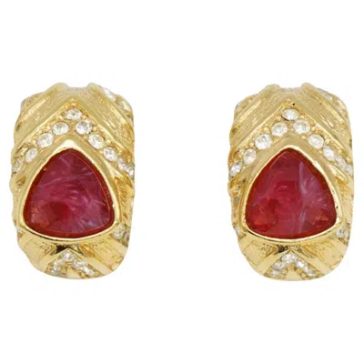 Pre-owned Dior Christian  Vintage 1980s Ruby Gripoix Triangle Crystals Clip Domed Earrings In Multi