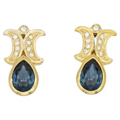 Pre-owned Dior Christian  Vintage 1980s Sapphire Double Crystals Water Drop Moons Earrings In Blue