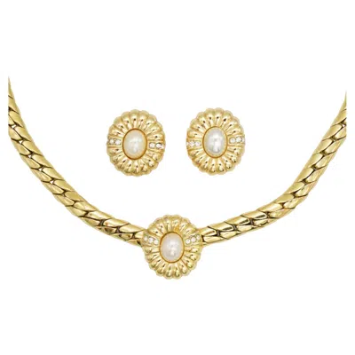 Pre-owned Dior Christian  Vintage 1980s Sunburst Flower White Oval Pearls Crystals 2 Set