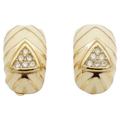 Pre-owned Dior Christian  Vintage 1980s Triangle Crystals Beige Hoop Domed Clip Earrings In Brown