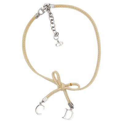 Pre-owned Dior Christian  Vintage 1990s Cd Logo Leather Bow Tie Beige Charm Choker Necklace In Brown
