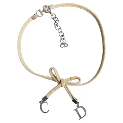 Pre-owned Dior Christian  Vintage 1990s Leather Cd Bow Tie Beige Charm Choker Necklace In Brown