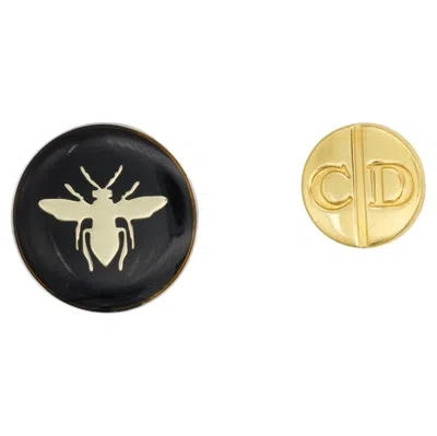 Pre-owned Dior Christian  Vintage Bee Black Round Logo Cd Circle Pin Brooch Gold Silver Set
