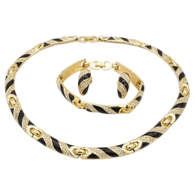 Pre-owned Dior Christian  Vintage Black Crystals Gold Interlinked 3 Three Modenrist Set