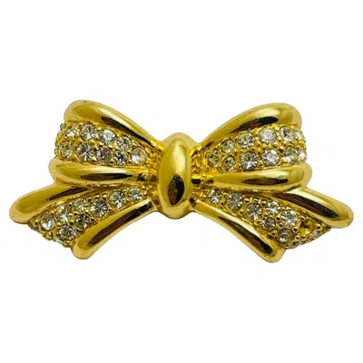 Pre-owned Dior Christian  Vintage Bow Gold Crystal Designer Runway Brooch In Multi