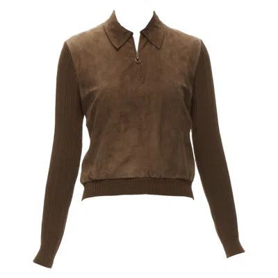 Pre-owned Dior Christian  Vintage Cannage Stitch Brown Suede Ribbed Half Zip Sweater