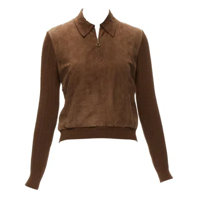 Pre-owned Dior Christian  Vintage Cannage Stitch Brown Suede Ribbed Half Zip Sweater