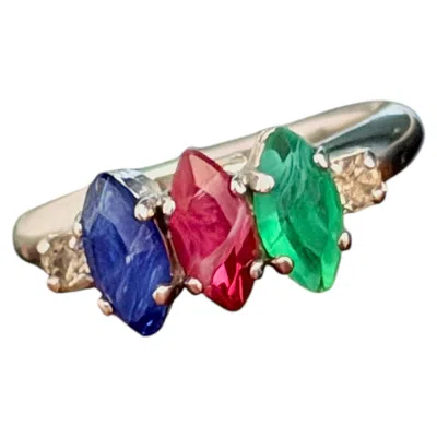 Pre-owned Dior Christian  Vintage Crystals Red Ruby Emerald Sapphire Marquise Silver Ring