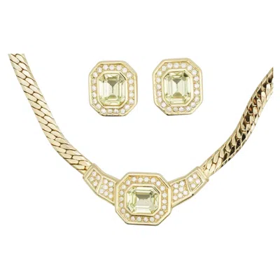 Pre-owned Dior Christian  Vintage Crystals Topaz Light Green Yellow Octagon Circle 2 Set