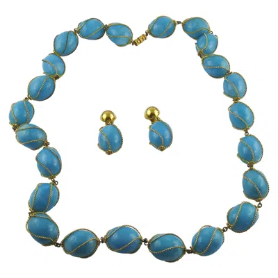 Pre-owned Dior Christian  Vintage Encaged Blue Resin Beads Necklace And Earrings Set 1966