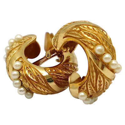 Pre-owned Dior Christian  Vintage Foliage-design Gold-tone Hoop Earrings With Faux Pearls In Multi