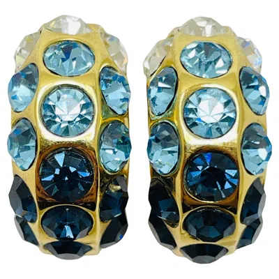Pre-owned Dior Christian  Vintage Gold Blue Clear Crystal Designer Runway Clip On Earrings