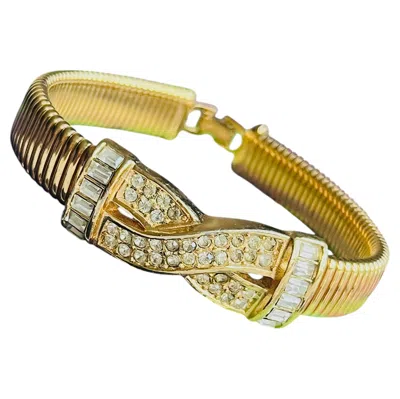 Pre-owned Dior Christian  Vintage Gold Crystals Cross X Interlocked Omega Ribbed Bracelet In Multi
