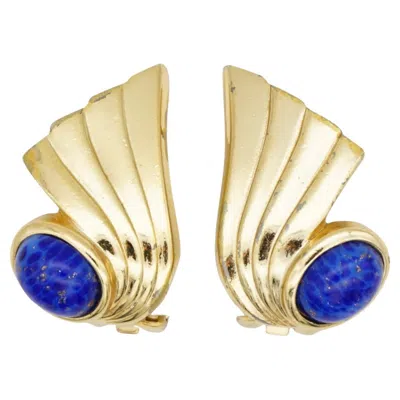 Pre-owned Dior Christian  Vintage Gold Lapis Blue Oval Stone Foil Wing Feather Earrings