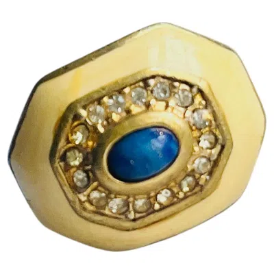 Pre-owned Dior Christian  Vintage Gold Lapis Yellow Oval Cabochon Octagon Chunky Ring, Us 7