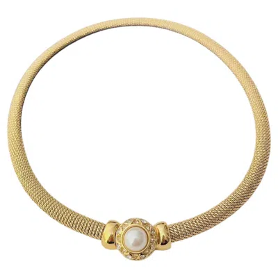 Pre-owned Dior Christian  Vintage Gold Pearl Square Crystals Button Mesh Omega Necklace In Multiple