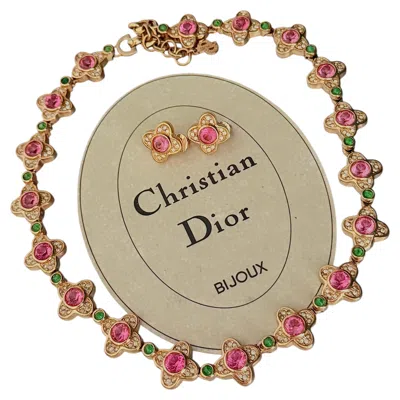 Pre-owned Dior Christian  Vintage Gold Pink Clover Emerald Green Dots Crystals Linked 2 Set