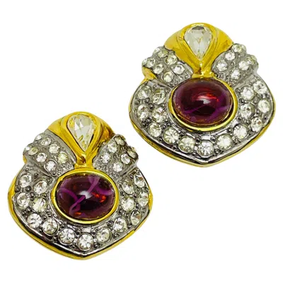 Pre-owned Dior Christian  Vintage Gold Plated Amethyst Crystals Designer Clip On Earrings In Purple