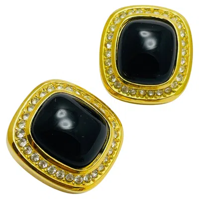 Pre-owned Dior Christian  Vintage Gold Plated Crystals Black Cab Designer Clip On Earrings