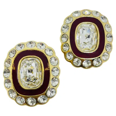 Pre-owned Dior Christian  Vintage Gold Plated Red Enamel Crystals Designer Clip On Earrings