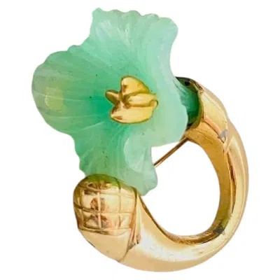 Pre-owned Dior Christian  Vintage Gold Rare Light Frost Green Jade Curled Blossom Brooch