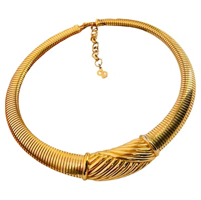 Pre-owned Dior Christian  Vintage Gold Ribbed Omega Snake Ripple Choker Chunky Necklace In Multiple