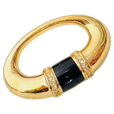 Pre-owned Dior Christian  Vintage Gold Unisex Black Double Crystals Oval Openwork Brooch