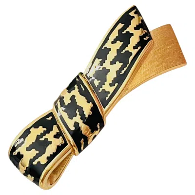 Pre-owned Dior Christian  Vintage Gold Unisex Large Black Ribbon Ripple Bow Chunky Brooch