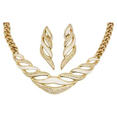 Pre-owned Dior Christian  Vintage Gold White Enamel Crystals Openwork Chunky Cuban 2 Set