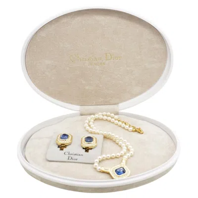 Pre-owned Dior Christian  Vintage Gripoix Blue Sapphire Crystals Octagon White Pearls 2 Set