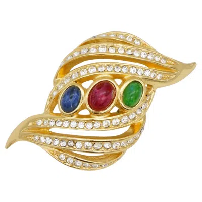 Pre-owned Dior Christian  Vintage Gripoix Ruby Sapphire Emerald Crystals Leaf Gold Brooch In Green