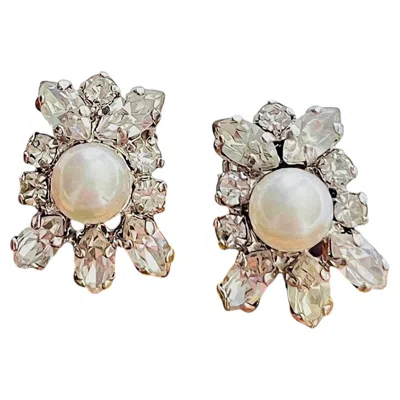 Pre-owned Dior Christian  Vintage Haute Couture Iconic White Pearl Crystals Flower Earrings