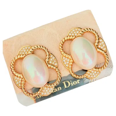 Pre-owned Dior Christian  Vintage Haute Couture White Oval Pearl Openwork Crystals Earrings