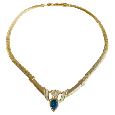 Pre-owned Dior Christian  Vintage Iconic Gold Blue Sapphire Water Drop Omega Mesh Necklace