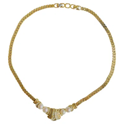 Pre-owned Dior Christian  Vintage Iconic Gold Pearls Crystals White Moon Fan Necklace