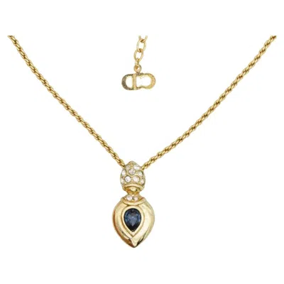 Pre-owned Dior Christian  Vintage Iconic Gold Sapphire Crystals Pendant Water Drop Necklace In Blue