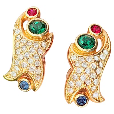 Pre-owned Dior Christian  Vintage Iconic Gripoix Rare Ruby Emerald Sapphire Gold Earrings In Green