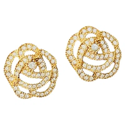 Pre-owned Dior Christian  Vintage Iconic Rare Camellia Rose Crystals Gold Clip Earrings In Red