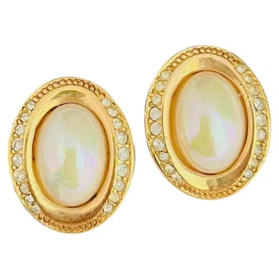 Pre-owned Dior Christian  Vintage Iconic White Pearl Aurora Oval Gold Crystals Earrings