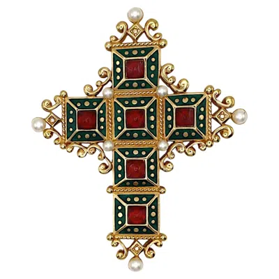 Pre-owned Dior Christian  Vintage Jewelled Medieval Inspired Cross Brooch Pendant In Multi