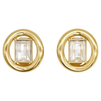 Pre-owned Dior Christian  Vintage Large Circle Sparkling Crystals Rectangle Clip Earrings In Multi