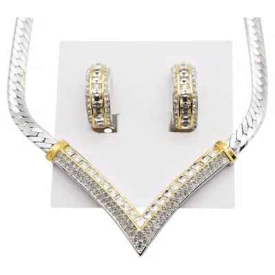Pre-owned Dior Christian  Vintage Large Silver Gold Crystals Triangle Pendant Domed 2 Set In Multi