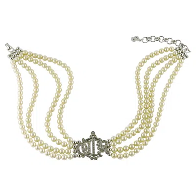 Pre-owned Dior Christian  Vintage Multi Strand Pearl Logo Choker Necklace In Sand