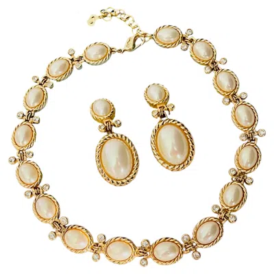 Pre-owned Dior Christian  Vintage Pearls White Oval Gold Crystals Relief Swirl Drop 2 Set